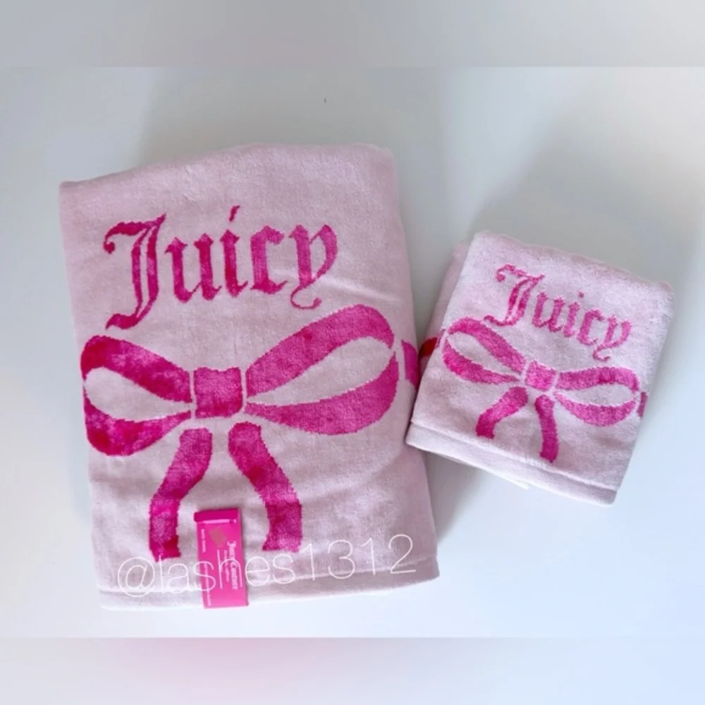 JUICY COUTURE Set of 2 Plush Bath Towels & Hand Towels - Pink Coquette Bows
